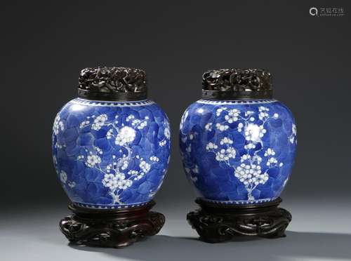 Pair of Blue and White 'Prunus' Ginger Jars