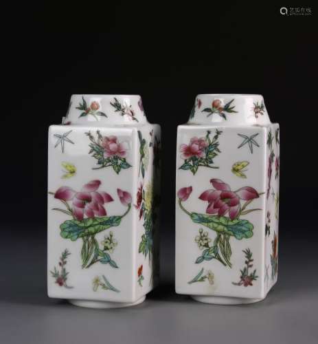 Pair of Chinese Famille Rose Cong-Form Vases