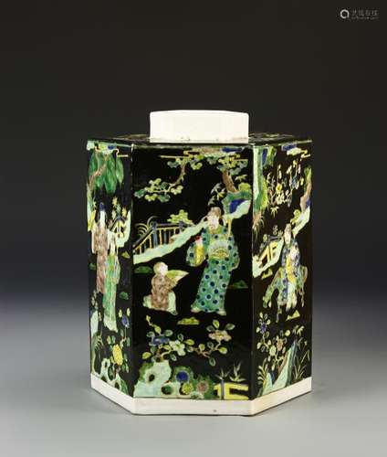 Chinese Famille Noire Hexagonal Tea Caddy