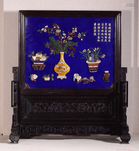 A ZITAN WOOD BLUE PAINTING SCREEN EMBEDED GEMS