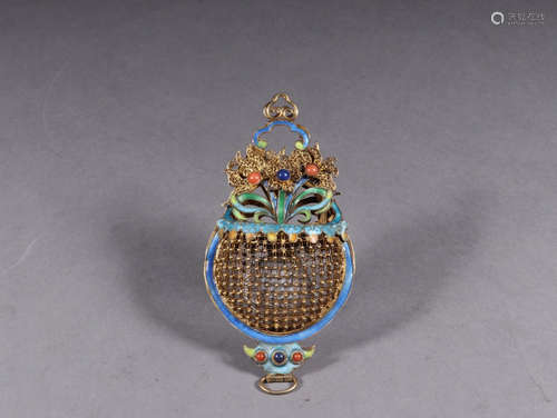 A GILT BRONZE SACHET EMBEDED AGATE&TURQUOISE STONE