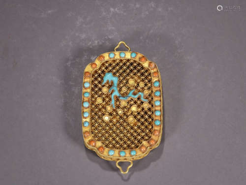 A GILT BRONZE SACHET EMBEDED TURQUOISE STONE