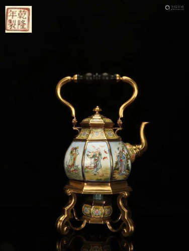 A BRONZE TEAPOT WITH COLORFUL PAINTING AND MARKING