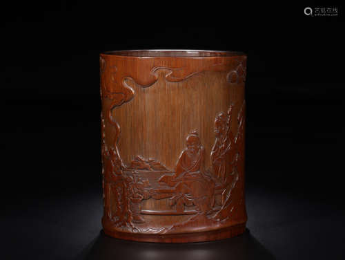 A BAMBOO PEN HOLDER OF FIGURE STORY CARVING