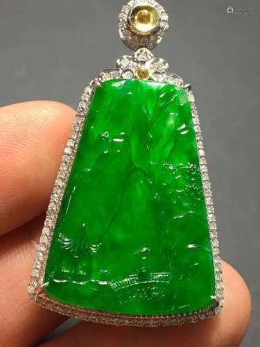 A GREEN JADEITE PENDANT OF SCENERY