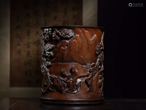 A BAMBOO PEN HOLDER OF STORY-TELLING CARVING