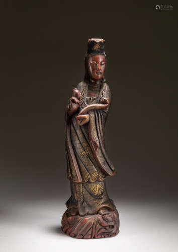 19th Chinese Antique Lacquer on Camphor wood Figure: Guanyin