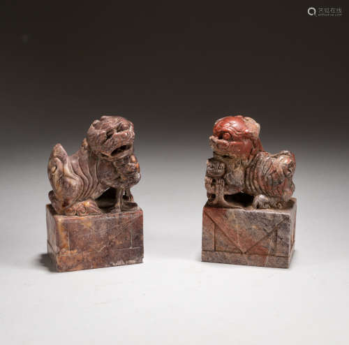 Pair 1910-1950 Chinese Antique Shoushan Stone Seals
