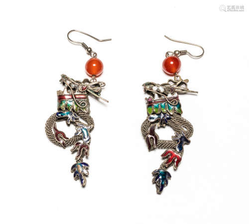 Pair Chinese Antique Stealing Silver Enamel Earrings