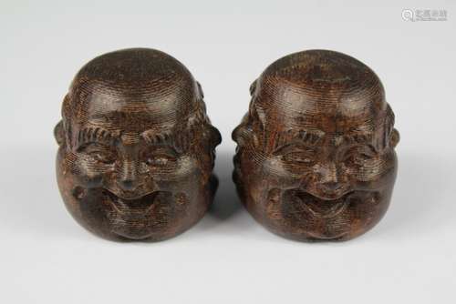 Two Fruit Wood 'Four Faces of Buddha' Carvings approx 4