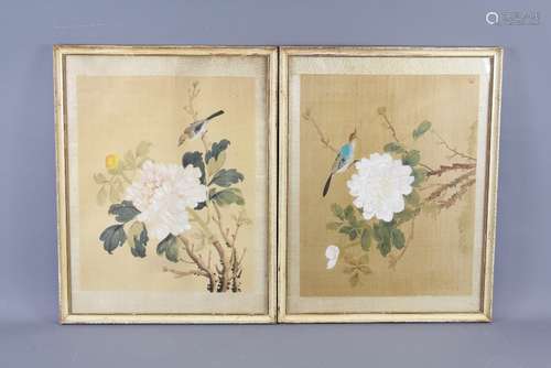 Four Chinese Silk Paintings, depicting various birds amongst tree peony, framed and glazed together with one other bird watercolour depicting black birds feeding on pomegranate, approx  72 x 32 cms