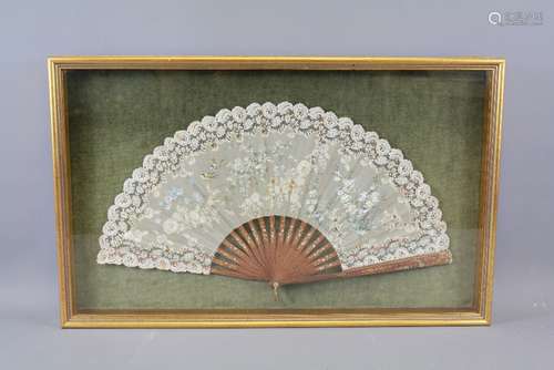 19th Century Pierced Wood and Lace Fan