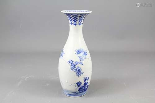 A Japanese Blue and White Vase, painted with tree peony, approx 22 cms, character marks to base