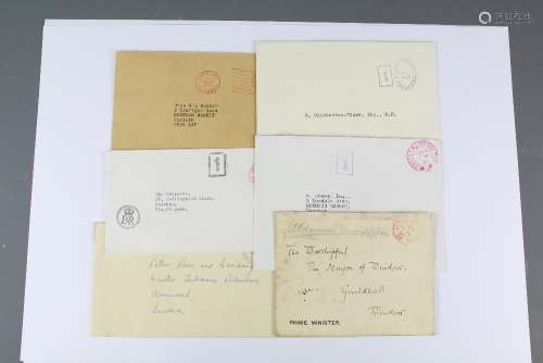 This lot comprises six covers without content but of great interest: 1908 Envelope from the Prime Minister (Herbert Asquith); 1979 Envelope from the First Lord of the Treasury who is by convention the Prime Minister (Margaret Thatcher); 1953 Envelope from H
