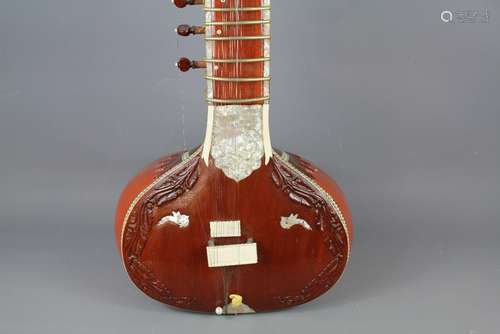 20th Century North Indian Sitar - the string and gourd instrument inlaid with ivory, bone and mother of pearl