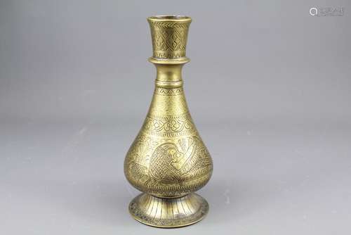 18th Century Islamic Brass Hooka Base, incised with peacock, approx 24 cms