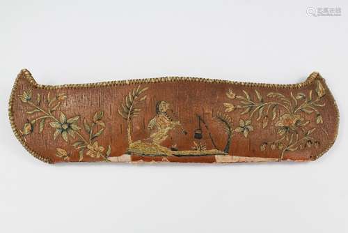 A 19th Century Delicate Huron Embroidered Canoe, the canoe crafted from bark and grass depicting village life, approx 23 x 7 cms