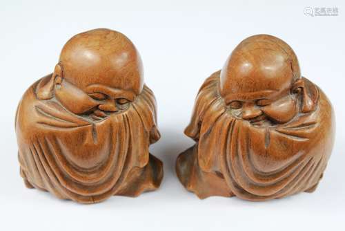 A Pair of Chinese Fruitwood Sleeping Buddha, approx 19cms