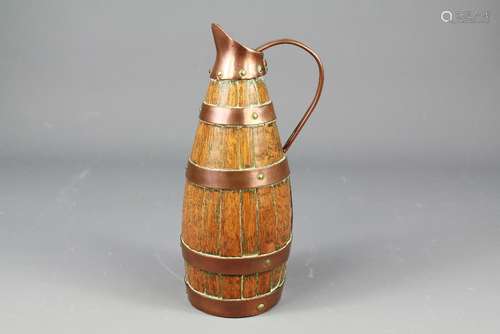 Antique French Oak and Copper Banded Jug, approx 22 cms