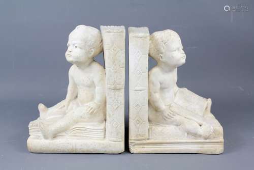 A Pair of French Plaster Book Ends, depicting two toddlers, approx 20 cms h, nr 2432 and 2433