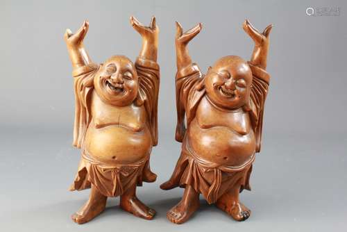 A Pair of Chinese Fruit Wood Laughing Buddha