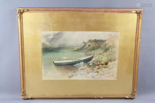 R.E. Prichett 19th Century Watercolour on Paper, depicting a green boat, entitled 'Fiva Romsdalen