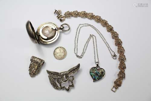 A Silver Sovereign Case, together with a Marcasite brooch, bracelet and lapel clip