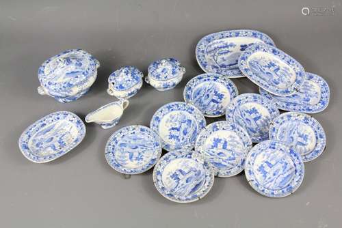 19th Century Blue and White Spode Dolls House Porcelain, including twelve 3 8 cms plates one large tureen and cover approx 9 x 6 cms and two small 6 x 4  cms, one dish approx 7 x 9 cms and two meat plates 10 x 7 and 12 x 9 respectively and a sauce boat