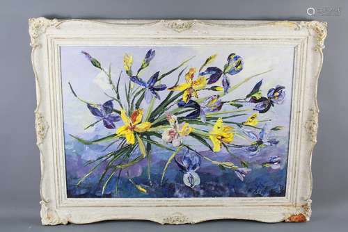 A. Le Chais 20th Century Oils and Acrylic Floral Still Life, 'Purple and Yellow Iris'