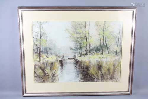 Audrey Phillips Pastel depicting a Quiet Pool, approx 68 x 49 cms, signed lower left, framed and glazed