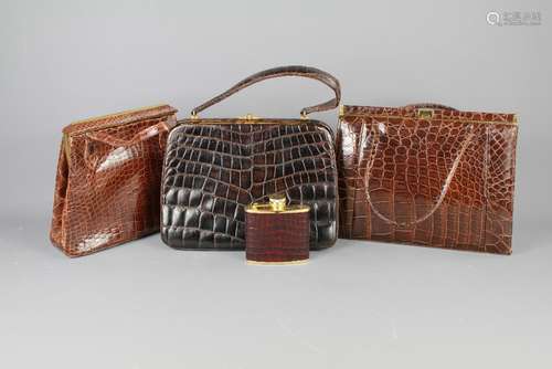 Three Good Quality Lady's Vintage Handbags together with a faux crocodile-skin hip flask