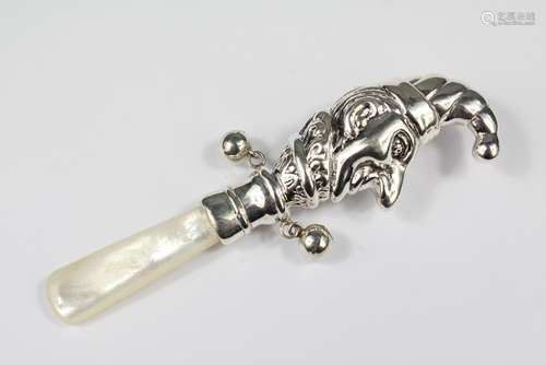 A Silver Mr Punch Baby's Rattle, with mother of pearl handle, approx 9