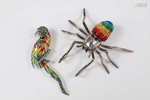 A Silver and Marcasite Parrot Brooch, together with a silver and coloured-stone Spider brooch, approx 33 gms