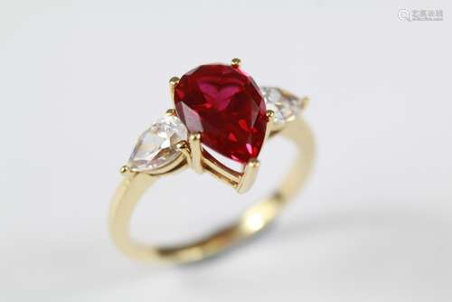 A 14ct Yellow Gold Synthetic Ruby and CZ Ring, approx 3 gms, size L