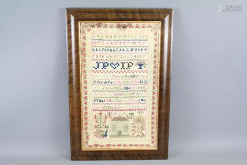 19th Century Sampler by Elizabeth Peter dated 1841, of good colour depicting a home and peacock, approx 51 x 31 cms, framed and glazed