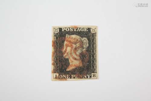 GB Stamp, 1d Black lettered IH fine used with 4 margins and a brown Maltese Cross