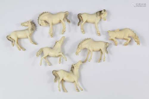 Seven Chinese Antique Ivory 'Horses of Wang Mu' Carvings