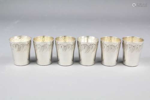 A Set of Six Silver Plated Shot Cups, embossed with a foliate design, approx 4