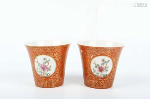 A Pair of Chinese Coral-Red Glazed Porcelain Cups
