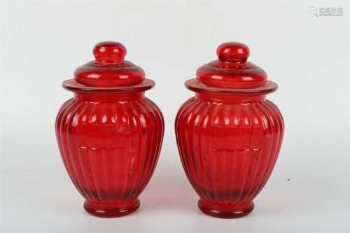 A Pair of Chinese Red Peking Glass Vases