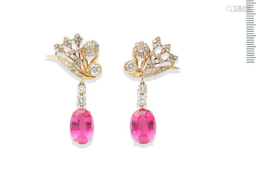 A pair of rubellite and diamond pendent earclips