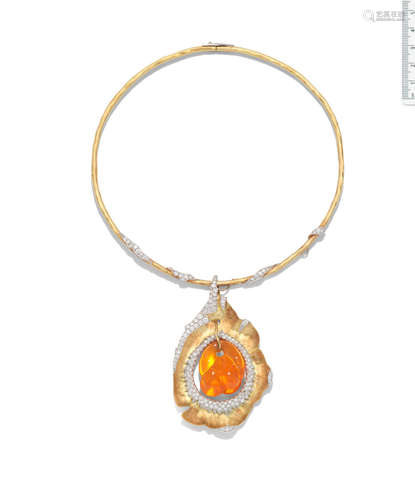 A gold, fire opal and diamond pendant/necklace,  by Grima,  1991