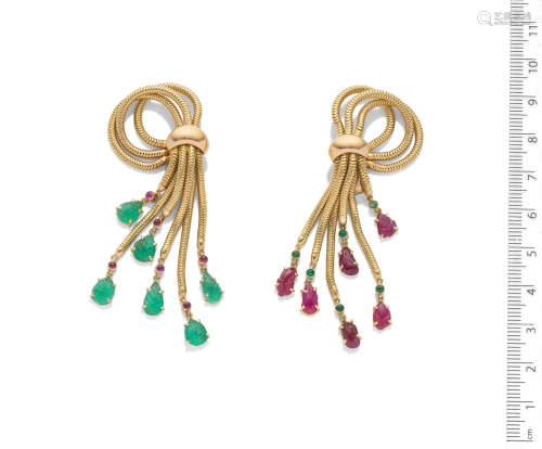 A pair of emerald and ruby pendent earclips, by Mellerio, circa 1940