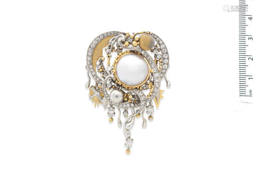 A cultured mabé pearl and diamond brooch, by Charles de Temple, circa 1980