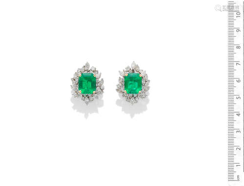 A pair of emerald and diamond earrings