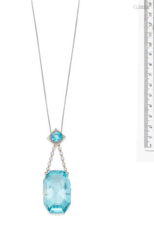 An aquamarine, blue zircon and diamond pendant, circa 1930