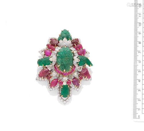 An emerald, ruby and diamond clip brooch, by David Webb, circa 1970