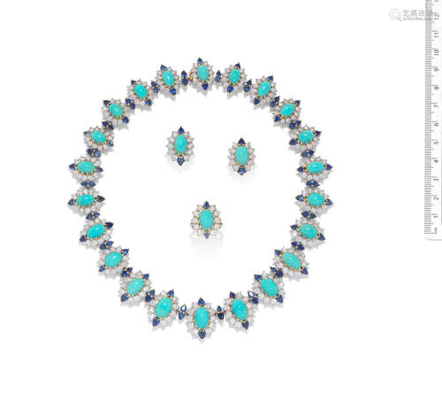 A turquoise, sapphire and diamond necklace, ring and earclip suite, by Kern, circa 1984