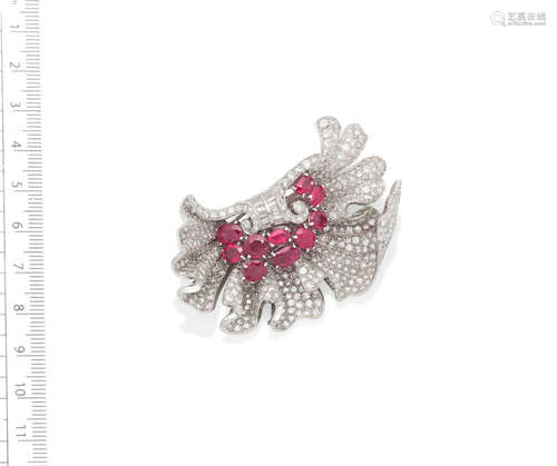 A ruby and diamond brooch/pendant, circa 1940