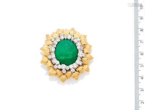 An emerald and diamond brooch